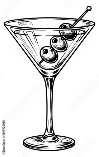 Vintage martini glass illustration with olives hand drawn sketch