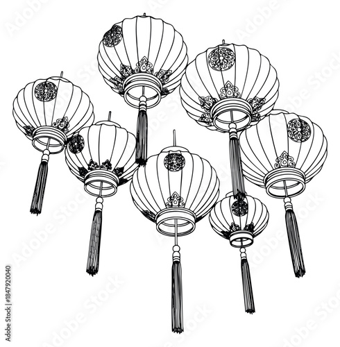 Traditional lantern icon set with tassels and floral patterns hand drawn outline illustration