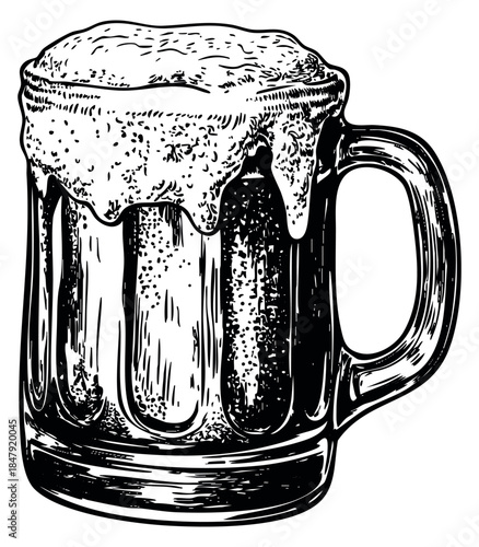 Vintage beer mug with foam black and white line art