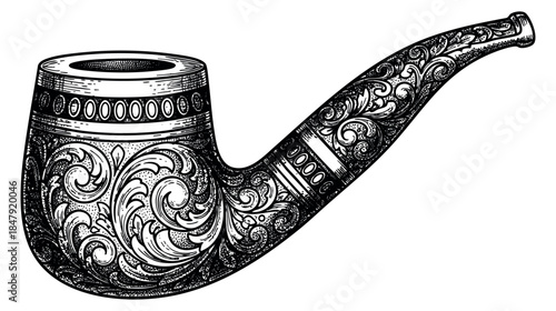Vintage tobacco pipe with floral patterns hand drawn outline illustration