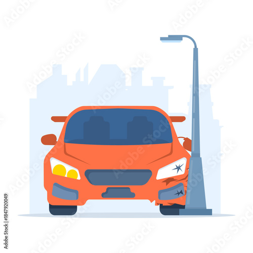 Car accident concept showing damaged vehicle after road collision with pole. Vector illustration for traffic accident, road safety, crash damage, and transportation risk.