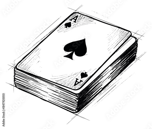 Deck of playing cards with ace of spades hand drawn sketch