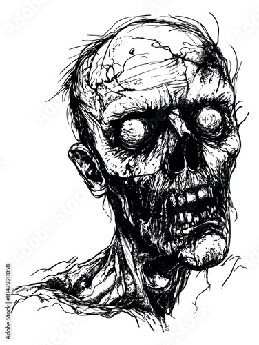 Horror zombie character illustration with skull and decayed flesh hand drawn sketch