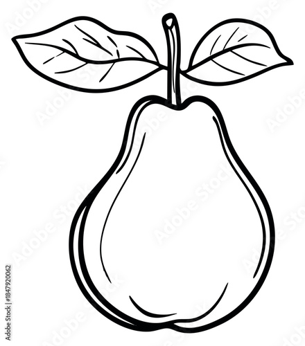 Simple pear icon with leaves black and white line art