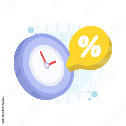 clock with percentage symbol concept for limited-time discounts and sales. Vector illustration for promotions, special offers, and marketing campaigns.