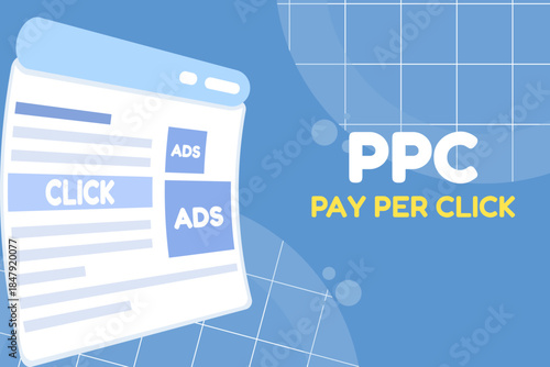 PPC advertising concept showing pay-per-click digital marketing. Illustration for online ads, banner campaigns, contextual advertising, and advertiser click payments.