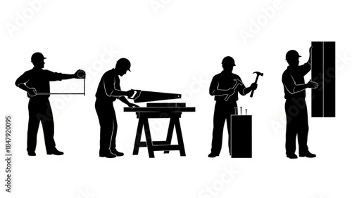 Black Silhouette Carpenter Vector Working with Tools Measuring and Hammering