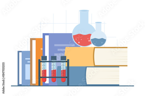 Chemical laboratory research concept with lab equipment and books. Illustrations for scientific experiment, chemistry study, laboratory education, and research development.