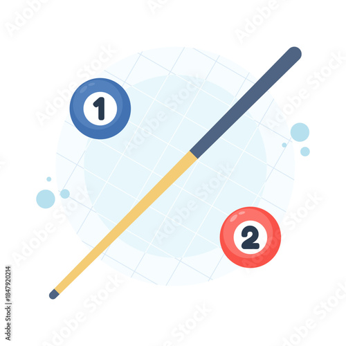 Wooden billiard cue with pool ball isolated on white background. Vector illustration for billiards, pool game, sports equipment, and recreation.