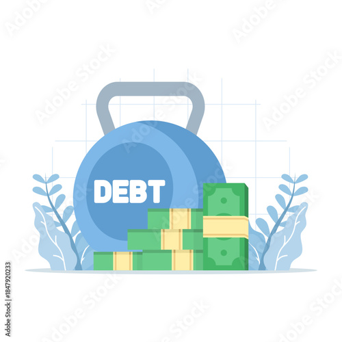 Debt burden concept with money and kettlebell. Vector illustration for financial stress, loan pressure, personal finance problems, and debt management.