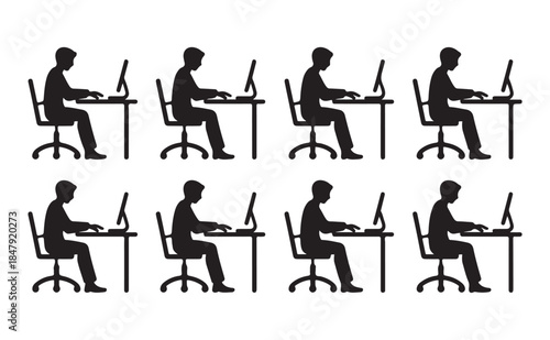 Office worker silhouette icon pack showing people working at desks with computers