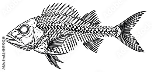 Fish skeleton illustration black and white line art