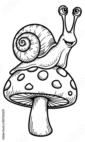 Cute snail on mushroom collection hand drawn outline illustration