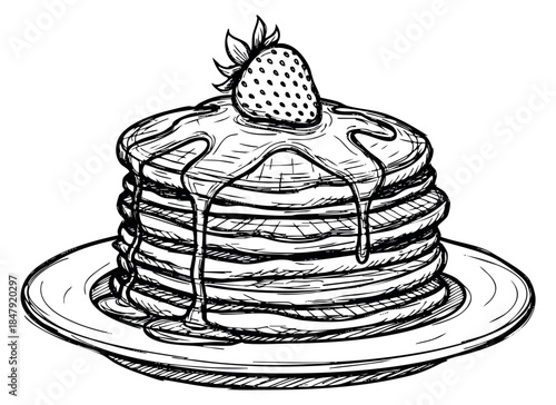 Stack of pancakes with strawberry and syrup hand drawn sketch