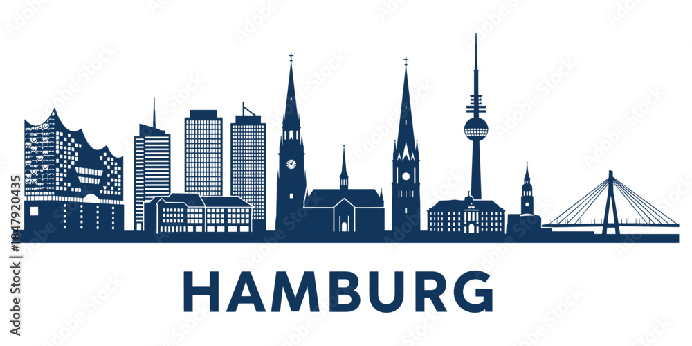 Fototapeta premium Hamburg Skyline Silhouette with Famous Landmarks in Dark Blue on White Keywords: Hamburg, skyline, silhouette, city