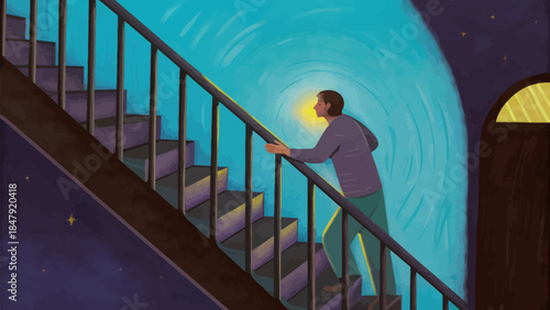 Man climbing stairs, representing overcoming depression