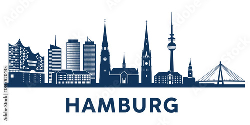 Hamburg Skyline Silhouette with Famous Landmarks in Dark Blue on White Keywords: Hamburg, skyline, silhouette, city