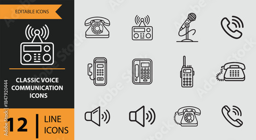 12 Classic Voice Communication Icons outline icon set. phone call handset audio communication outline icons