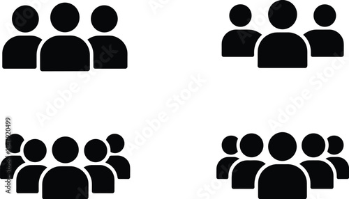 Four groups of black person icons in different arrangements on white background people silhouettes
