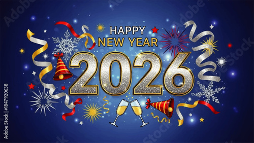 Happy New Year 2026 Celebration with Confetti and Fireworks at Night