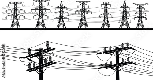 Overhead power line towers and utility poles with wires in silhouette electricity transmission