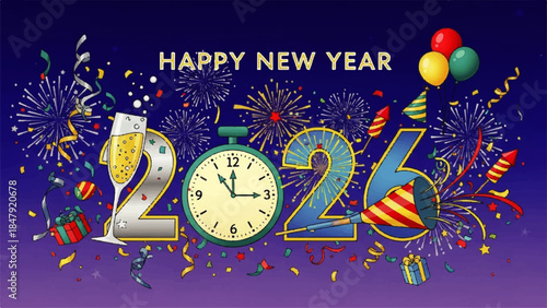 Celebrating Happy New Year 2026 with Vibrant Fireworks and Countdown Clock