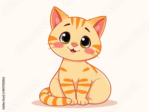 Cute orange cat character sitting. Adorable cartoon ginger kitten with big eyes, stripes, and rosy cheeks. Sweet happy feline pet vector illustration for kids.