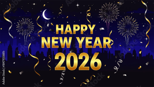 Celebrating Happy New Year 2026 with Fireworks and Confetti over City Skyline at Night