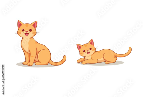 Cute orange cat characters set. Adorable cartoon ginger kitten sitting and lying down with happy face. Sweet feline pet vector illustration isolated on white.