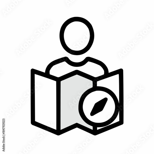 Line icon of a person with map and compass — exploring new area, black on white, square minimalist style