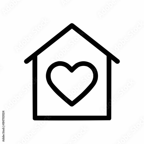 Line icon of a house with heart — feeling at home, black on white, square minimalist style