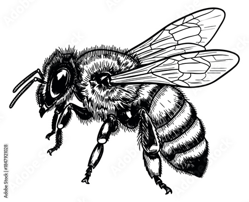Detailed bee illustration black and white line art