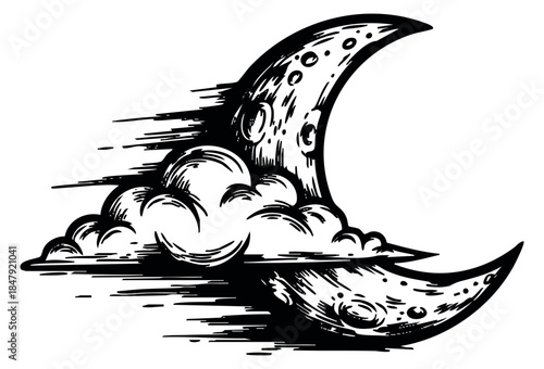 Vintage moon icon with clouds hand drawn outline illustration