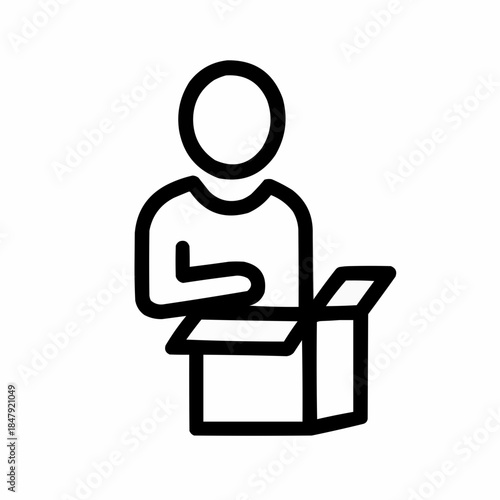 Line icon of a person unpacking a box, black on white, square minimalist style