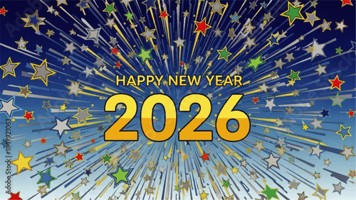 Happy New Year 2026 celebration with fireworks and stars in the night sky