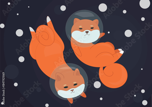 Cute foxes floating in space with stars and planets. Dreamy whimsical animal illustration.