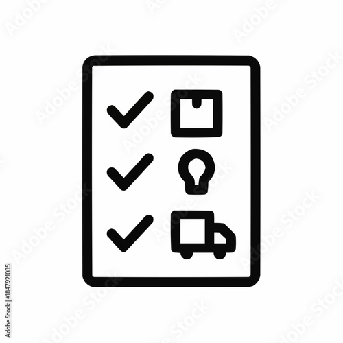 Line icon of a checklist with moving items, black on white, square minimalist style