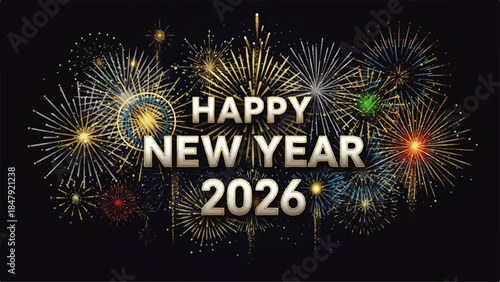 Vibrant fireworks illuminate the night sky with a Happy New Year celebration in full display