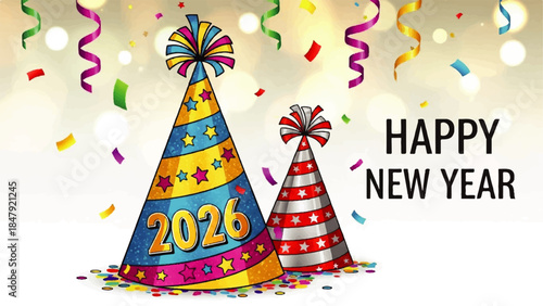 Happy New Year celebration with colorful party hats and confetti