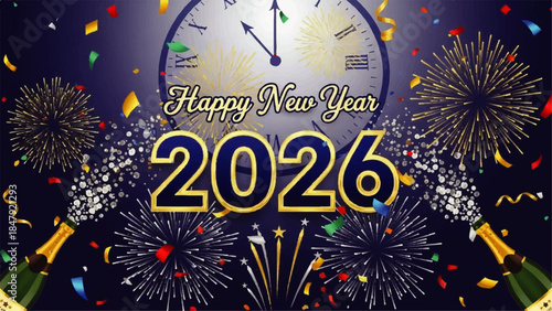 Happy New Year 2026 Celebration with Fireworks and Champagne at Night