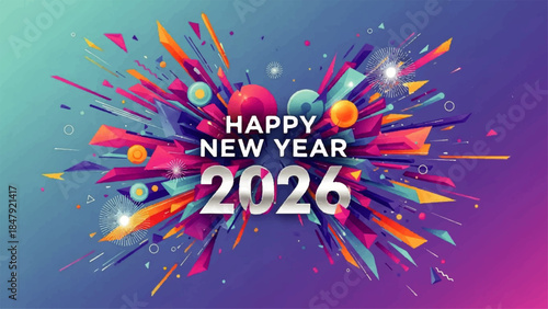 Vibrant Happy New Year 2026 celebration with colorful splashes and fireworks in a festive atmosphere