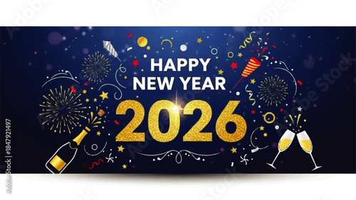 Celebrating Happy New Year 2026 with festive fireworks and champagne in a vibrant party atmosphere