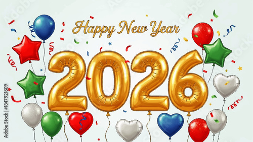 Celebrating Happy New Year 2026 with Confetti, Balloons, and Stars in a Joyful Atmosphere