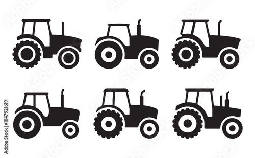 Black farm tractor icons collection representing rural agriculture and equipment