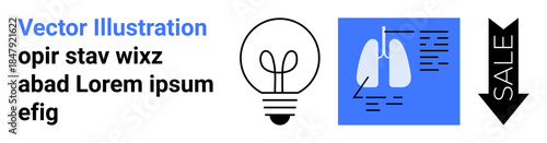 Creativity, inspiration, health awareness, medical data, marketing, promotions. Features a lightbulb, lungs diagram and a sale tag. Creativity and health awareness concepts