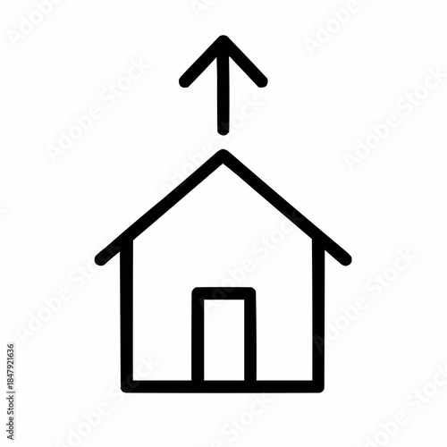 Line icon of a house with upward arrow — added to market, black on white, square minimalist style