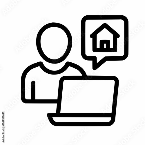 Line icon of a person with laptop and house icon — browsing new listings, black on white, square minimalist style