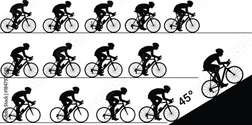 Sequence of cyclist silhouettes in motion and on an incline with angle marker Keywords: cyclist, bicycle, bike, cycling, sport