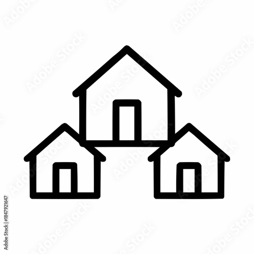 Line icon of a group of houses with one highlighted — new among options, black on white, square minimalist style