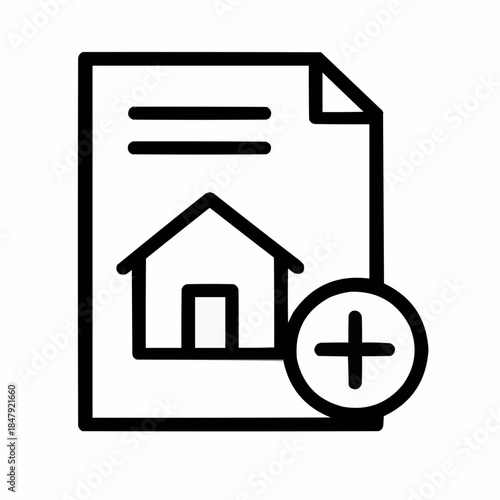 Line icon of a document with house and plus symbol — listing creation, black on white, square minimalist style